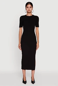 Womens Ribbed Knit Side Ruch Side Slit Midi Dress, Black, Size L