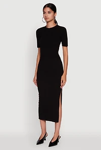 Womens Ribbed Knit Side Ruch Side Slit Midi Dress, Black, Size L
