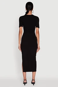 Womens Ribbed Knit Side Ruch Side Slit Midi Dress, Black, Size L