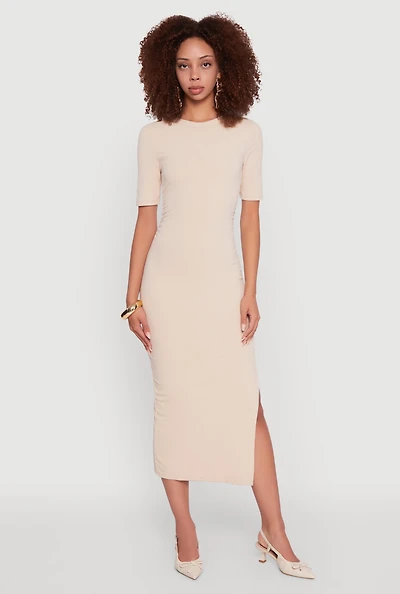 Womens Ribbed Knit Side Ruch Slit Midi Dress,