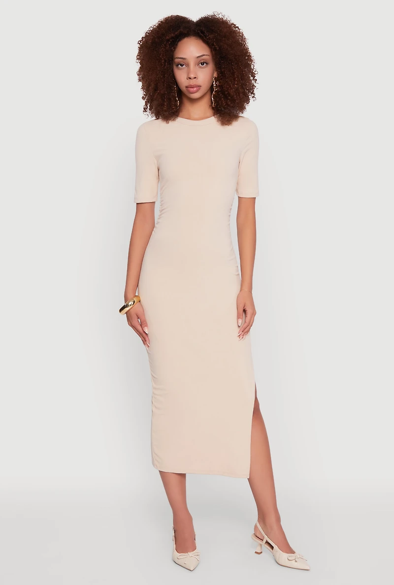 Ribbed Knit Side Ruch Slit Midi Dress