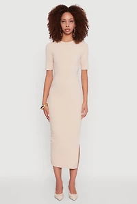 Womens Ribbed Knit Side Ruch Slit Midi Dress, M