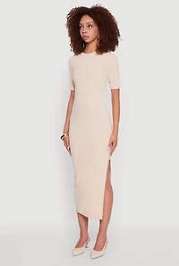 Womens Ribbed Knit Side Ruch Slit Midi Dress, M