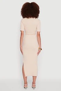 Womens Ribbed Knit Side Ruch Slit Midi Dress, M