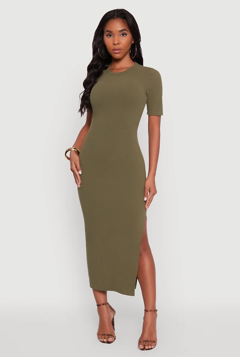 Ribbed Knit Side Ruch Slit Midi Dress