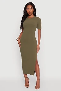 Ribbed Knit Side Ruch Slit Midi Dress