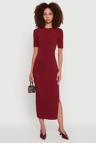 Womens Ribbed Knit Side Ruch Side Slit Midi Dress, Burgundy, Size S