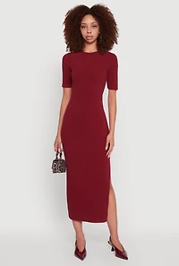 Womens Ribbed Knit Side Ruch Side Slit Midi Dress, Burgundy, Size M