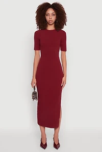 Womens Ribbed Knit Side Ruch Side Slit Midi Dress, Burgundy, Size M