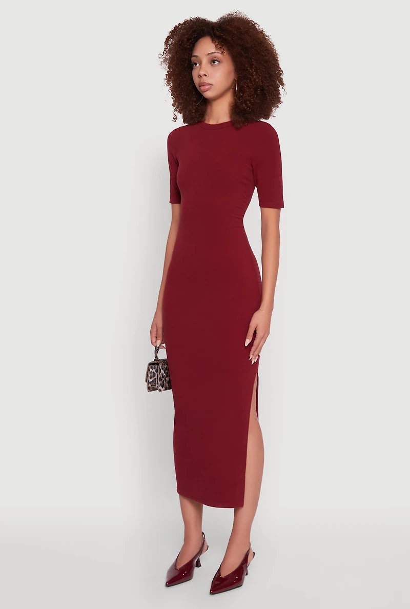 Womens Ribbed Knit Side Ruch Side Slit Midi Dress, Burgundy, Size M