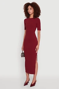 Womens Ribbed Knit Side Ruch Side Slit Midi Dress, Burgundy, Size M