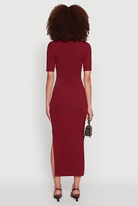 Womens Ribbed Knit Side Ruch Side Slit Midi Dress, Burgundy, Size M