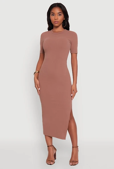 Womens Ribbed Knit Side Ruch Side Slit Midi Dress, Brown, Size S