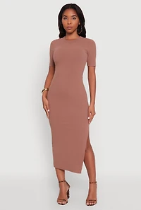 Womens Ribbed Knit Side Ruch Side Slit Midi Dress, Brown, Size S