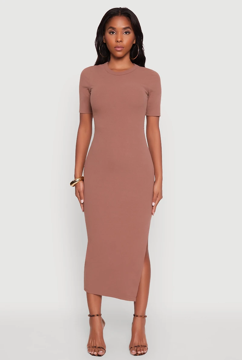 Womens Ribbed Knit Side Ruch Side Slit Midi Dress, Brown, Size S