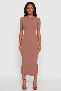 Womens Ribbed Knit Side Ruch Side Slit Midi Dress, Brown, Size S