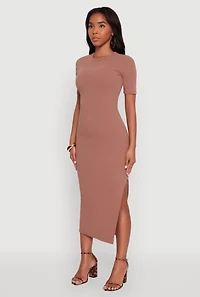 Womens Ribbed Knit Side Ruch Side Slit Midi Dress, Brown, Size S