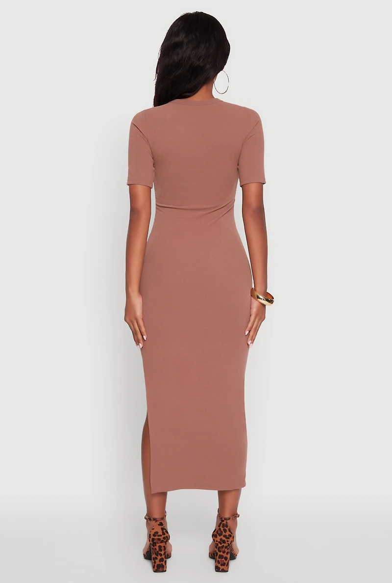 Womens Ribbed Knit Side Ruch Side Slit Midi Dress, Brown, Size S