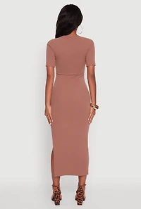 Womens Ribbed Knit Side Ruch Side Slit Midi Dress, Brown, Size S