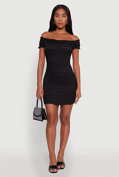 Womens Textured Knit Bow Detail Off The Shoulder Dress, Black, Size M