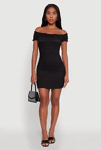 Womens Textured Knit Bow Detail Off The Shoulder Dress, Black,