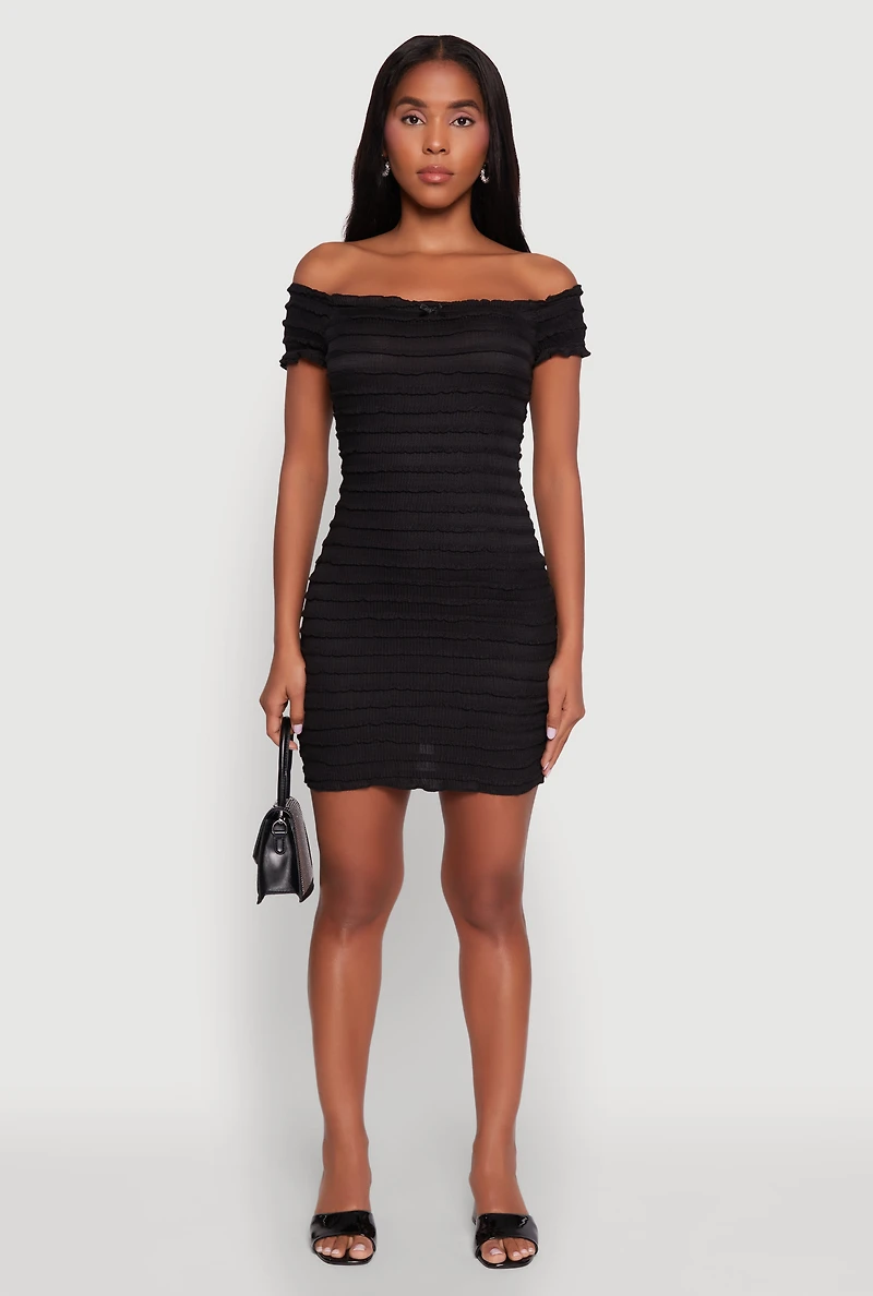 Womens Textured Knit Bow Detail Off The Shoulder Dress, Black,