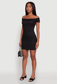 Womens Textured Knit Bow Detail Off The Shoulder Dress, Black,