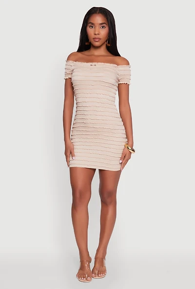 Womens Textured Knit Bow Detail Off The Shoulder Dress, Beige, Size S