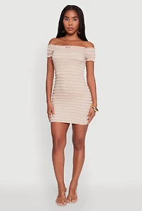Womens Textured Knit Bow Detail Off The Shoulder Dress, Beige, Size S
