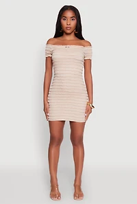Womens Textured Knit Bow Detail Off The Shoulder Dress, Beige, Size S
