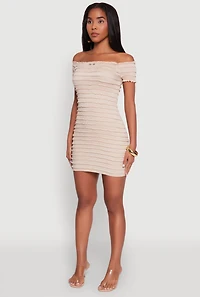 Womens Textured Knit Bow Detail Off The Shoulder Dress, Beige, Size S