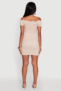 Womens Textured Knit Bow Detail Off The Shoulder Dress, Beige, Size S