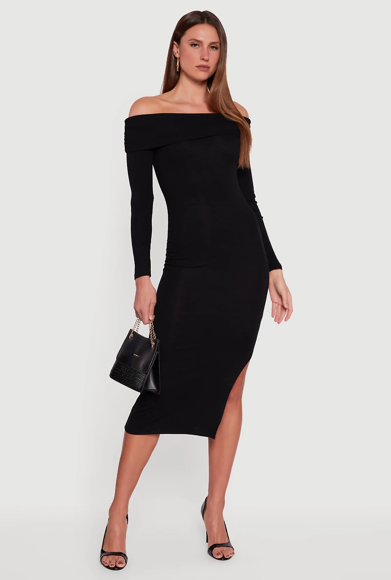 Fold Over Off the Shoulder Dress with Side Slit