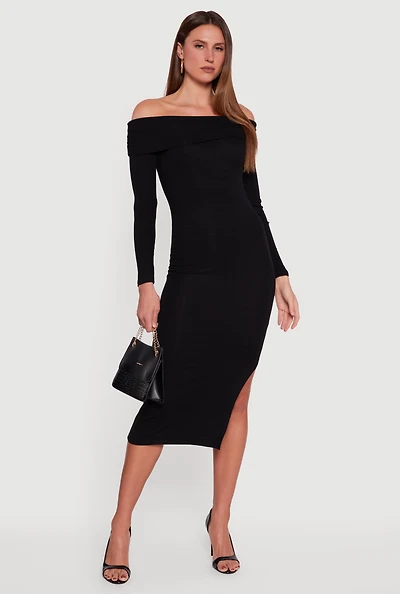 Fold Over Off the Shoulder Dress with Side Slit