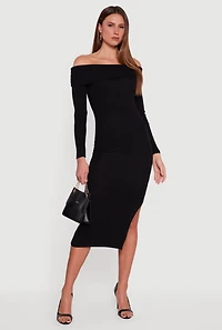 Fold Over Off the Shoulder Dress with Side Slit