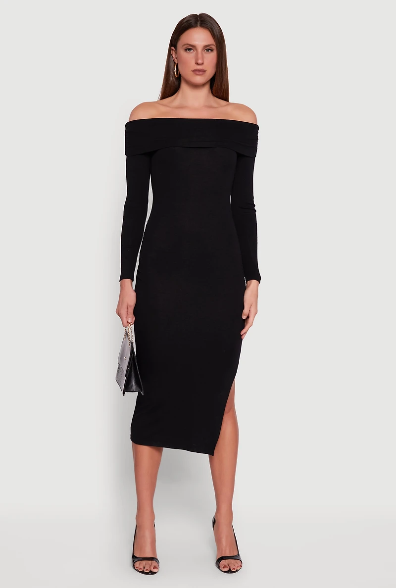 Womens Fold Over Off the Shoulder Dress with Side Slit,