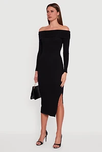 Womens Fold Over Off the Shoulder Dress with Side Slit,