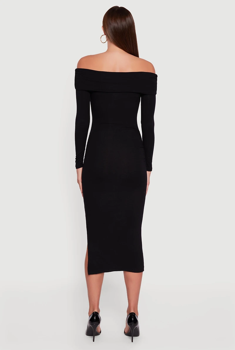 Womens Fold Over Off the Shoulder Dress with Side Slit,