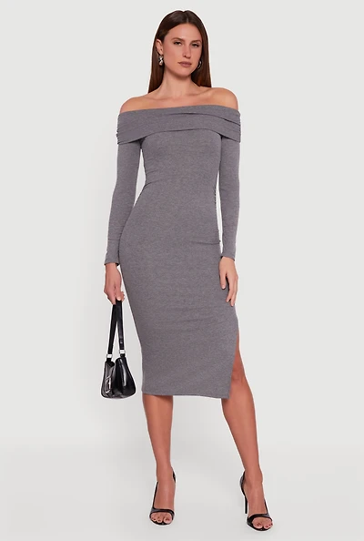 Fold Over Off the Shoulder Dress with Side Slit