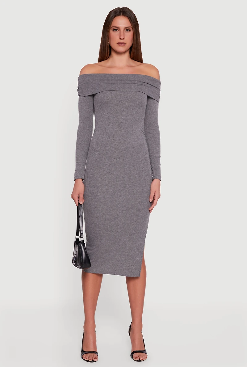 Fold Over Off the Shoulder Dress with Side Slit