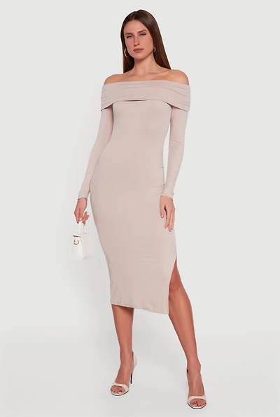 Fold Over Off the Shoulder Dress with Side Slit