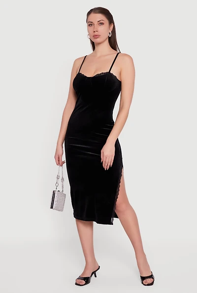 Womens Velvet Sweetheart Bustier Dress with Side Slit, Black, Size S