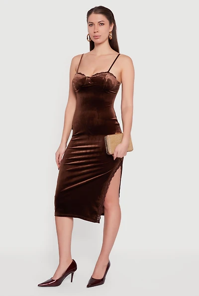 Womens Velvet Sweetheart Bustier Dress with Side Slit, Brown, Size M