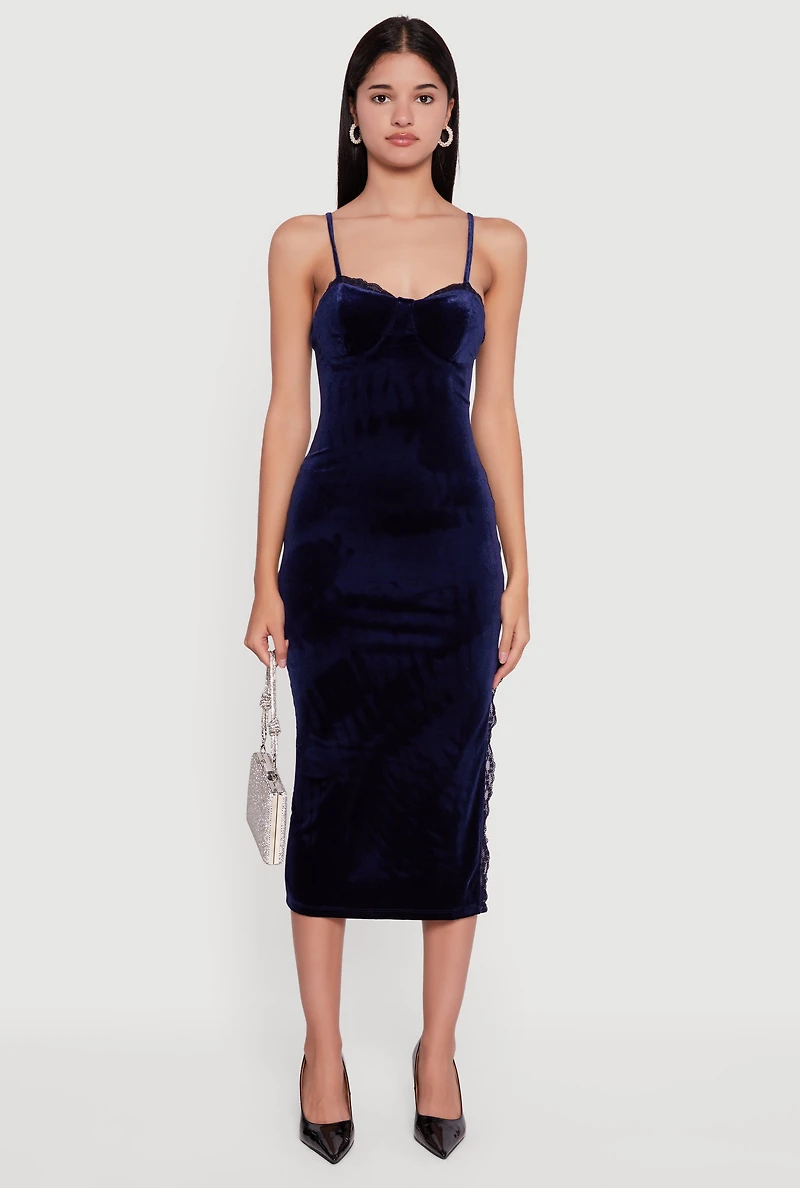 Womens Velvet Sweetheart Bustier Dress with Side Slit, Blue, Size S