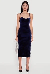 Womens Velvet Sweetheart Bustier Dress with Side Slit, Blue, Size S