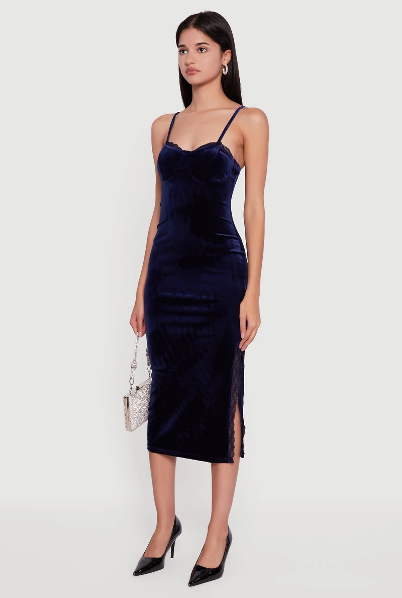 Womens Velvet Sweetheart Bustier Dress with Side Slit, Blue, Size S