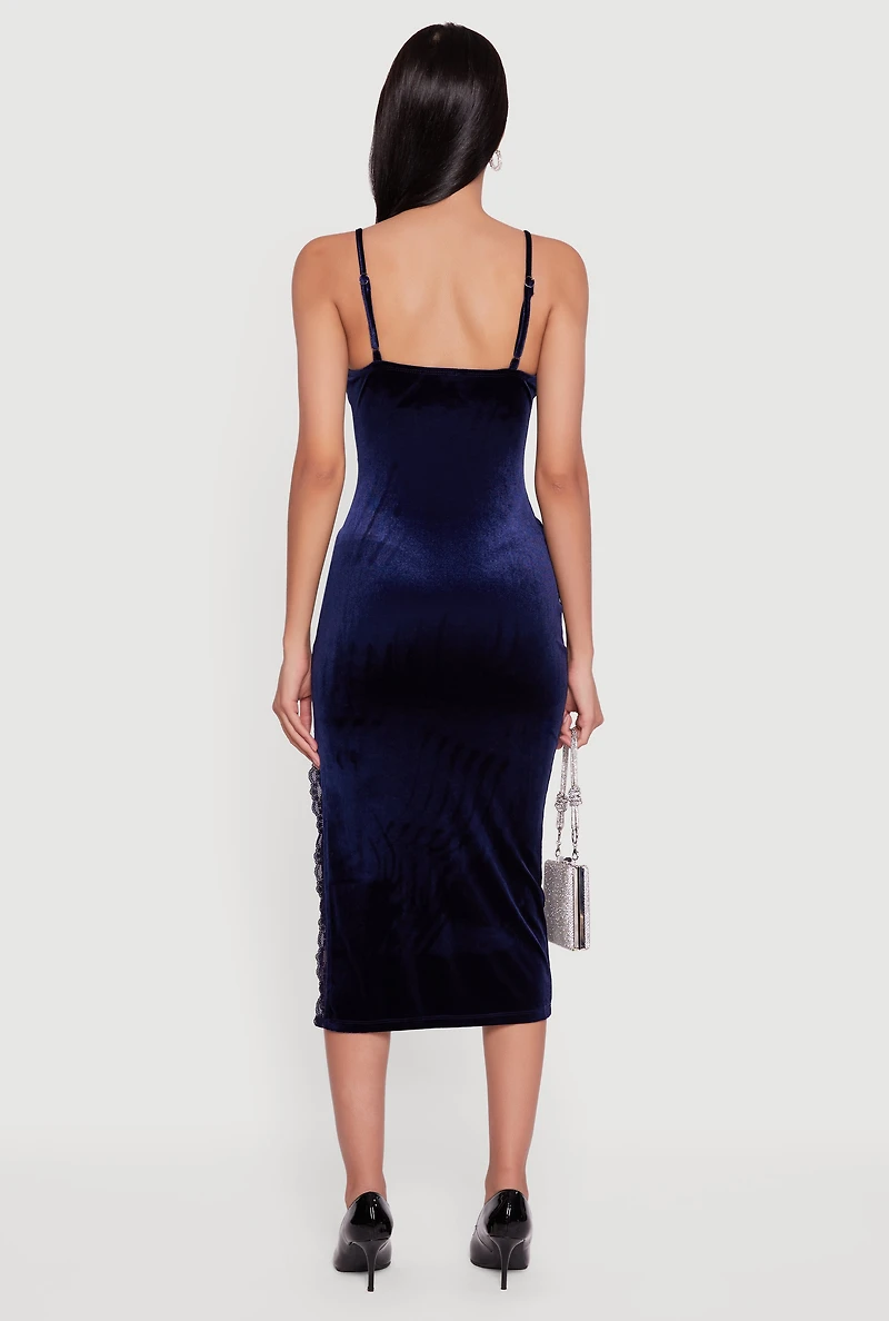 Womens Velvet Sweetheart Bustier Dress with Side Slit, Blue, Size S