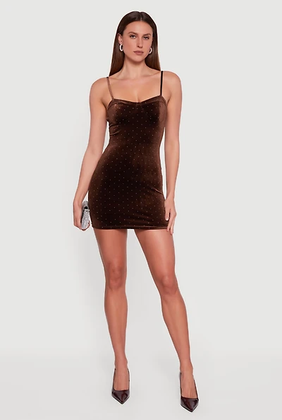 Womens Velvet Bustier Mini Dress with Rhinestones,