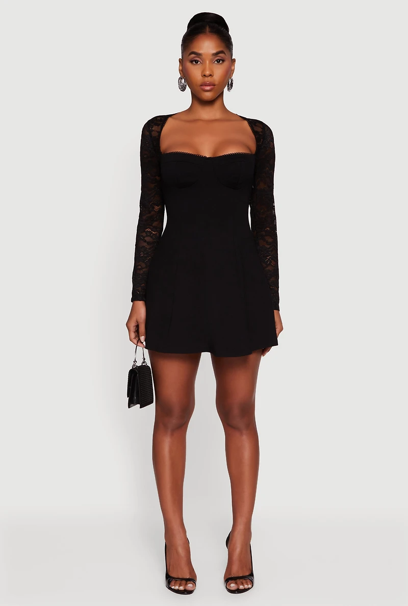 Womens Lace Long Sleeve Sweetheart Skater Dress, Black, Size M