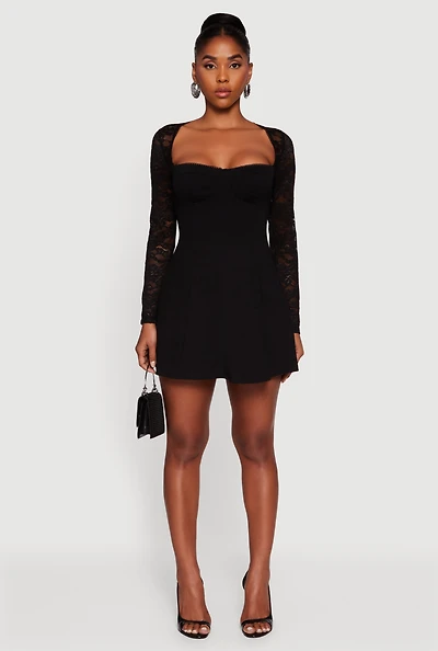 Womens Lace Long Sleeve Sweetheart Skater Dress, Black, Size M